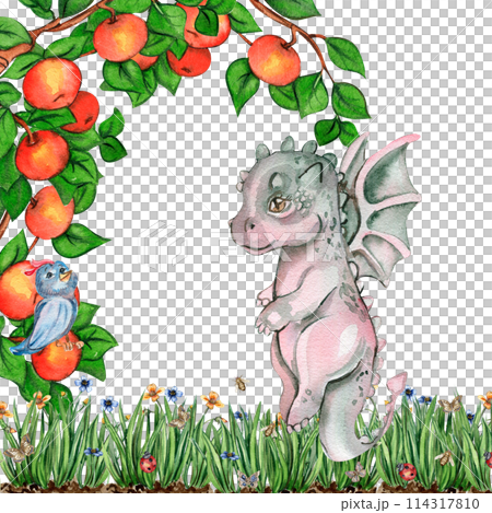 Watercolor hand drawn tropical cute dinosaurs composition. Dino illustration perfect for design, wallpaper, scrapbooking, invitation, wedding or greetings card. 114317810