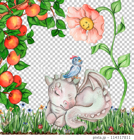 Watercolor hand drawn tropical cute dinosaurs composition. Dino illustration perfect for design, wallpaper, scrapbooking, invitation, wedding or greetings card. 114317811