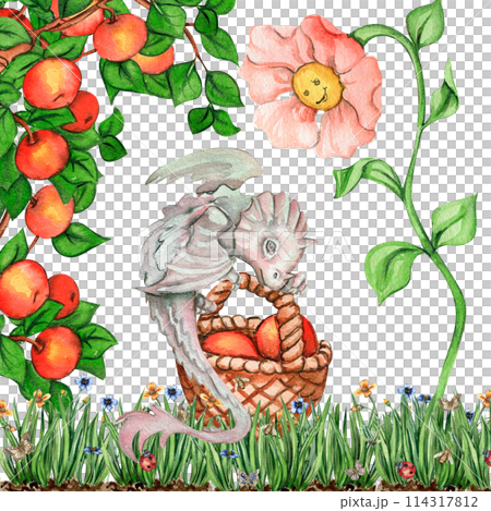 Watercolor hand drawn tropical cute dinosaurs composition. Dino illustration perfect for design, wallpaper, scrapbooking, invitation, wedding or greetings card. 114317812