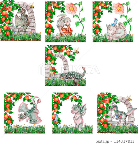Watercolor hand drawn tropical cute dinosaurs composition. Dino illustration perfect for design, wallpaper, scrapbooking, invitation, wedding or greetings card. 114317813