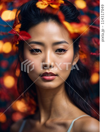 Japanese beautiful woman portrait with smooth health skin face for advertising design. Fit asian beautiful aging young looking woman. 114317849