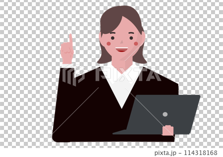 一位女商人拿著電腦並給予解釋。向量圖 114318168