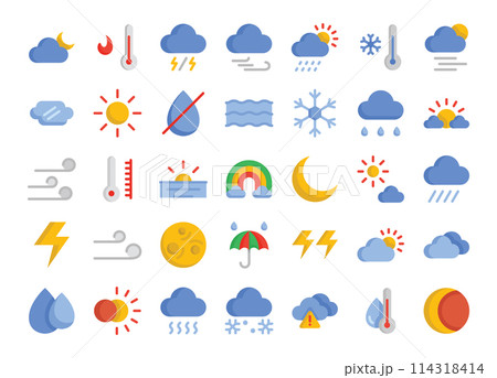 Weather flat icons set. The collection includes in business, UI UX, social media and website. 114318414
