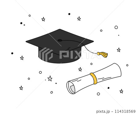 Graduation cap and diploma scroll doodles vector set. Illustrations of isolated outline square academic cap, mortarboard, graduate certificate. High school, college, academy graduation symbols 114318569