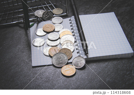 Money and notepad for shopping. Shopping list. Food basket. Money and notepad for shopping. Shopping list. Food basket. 114318608