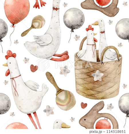 Watercolor pattern with baby toys, plush goose and rooster, balloons, wooden rattles and basket on a white background. Isolated hand drawn illustration for children's interior, cards, textiles, design Watercolor pattern with baby toys, plush goose and rooster, balloons, wooden rattles and basket on a white background. Isolated hand drawn illustration for children's interior, cards, textiles, design 114318651