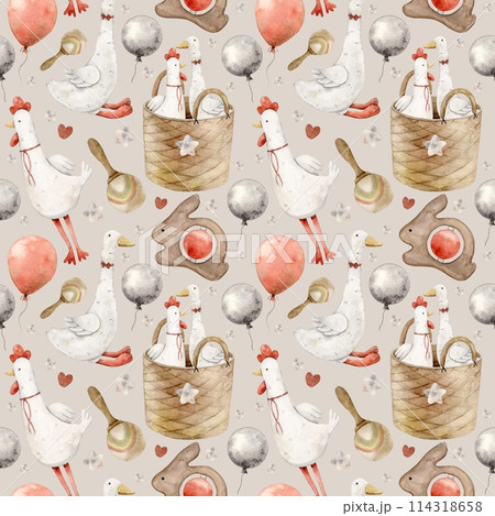 Watercolor pattern with baby toys, plush goose and rooster, balloons, wooden rattles and basket on a gray background. Isolated hand drawn illustration for children's interior, cards, textile, design. 114318658