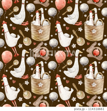 Watercolor pattern with baby toys, plush goose and rooster, balloons, wooden rattles and basket on a brown background. Isolated hand drawn illustration for children's interior, cards, textile, design. Watercolor pattern with baby toys, plush goose and rooster, balloons, wooden rattles and basket on a brown background. Isolated hand drawn illustration for children's interior, cards, textile, design. 114318661