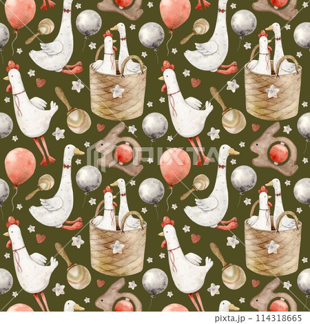 Watercolor pattern with baby toys, plush goose and rooster, balloons, wooden rattles and basket on a green background. Isolated hand drawn illustration for children's interior, cards, textile, design. 114318665