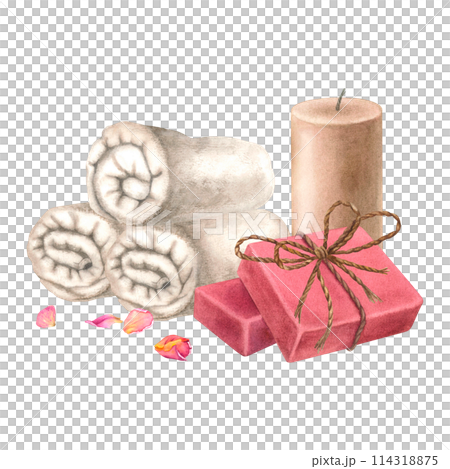 Rolled towels, a candle, natural soap and dry rose petals. Hand drawn watercolor illustration on isolated background. Spa items for bathroom, sauna. Used for brochure design for health resorts, spas. 114318875