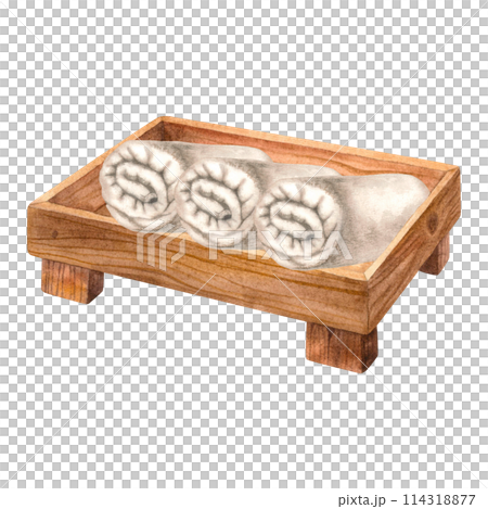 Neatly folded terry towels in a wooden tray . Hand drawn watercolor illustration on isolated background. Cotton spa towel for bath, sauna, beach. Used for the design of brochures for sanatoriums, spa. Neatly folded terry towels in a wooden tray . Hand drawn watercolor illustration on isolated background. Cotton spa towel for bath, sauna, beach. Used for the design of brochures for sanatoriums, spa. 114318877