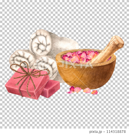 Rolled towels, natural soap, wooden mortar with dry rose petals and pestle. Hand drawn watercolor illustration on isolated background. Spa items for bathroom, sauna. Used for health resorts, spas. Rolled towels, natural soap, wooden mortar with dry rose petals and pestle. Hand drawn watercolor illustration on isolated background. Spa items for bathroom, sauna. Used for health resorts, spas. 114318878