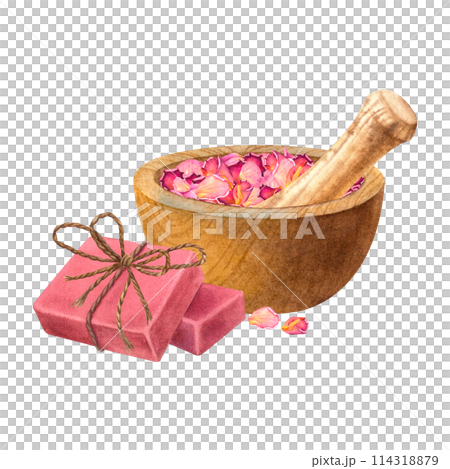 Wooden mortar with dry rose petals, pestle and natural soap. Hand drawn watercolor illustration on isolated background. Spa items for bathroom. Use for digital scrapbooking, labels, blogs, websites. 114318879