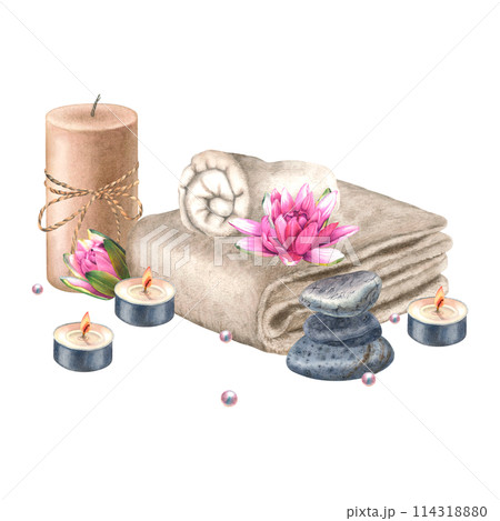Neatly rolled up terry towel, pillar soy wax candle with jute rope bow, tea light candles, pyramid of balancing stones, water lily, beads. Hand drawn watercolor illustration on isolated background. 114318880
