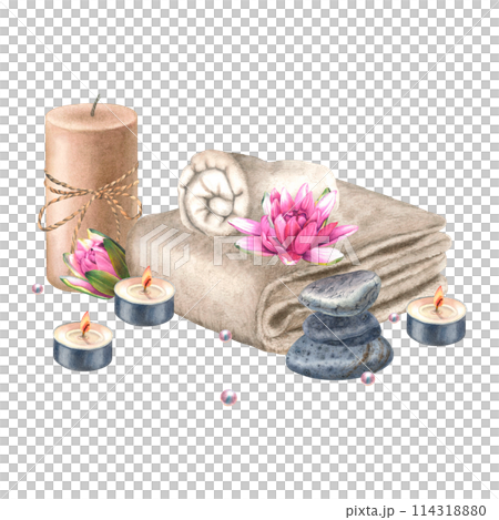 Neatly rolled up terry towel, pillar soy wax candle with jute rope bow, tea light candles, pyramid of balancing stones, water lily, beads. Hand drawn watercolor illustration on isolated background. 114318880