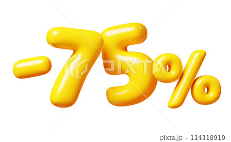 Balloon number minus seventy five percent sign for sale concept. 3d render illustration of yellow plastic glossy discount typography -75. Cartoon bubble element percentage off for special offer promo. 114318919