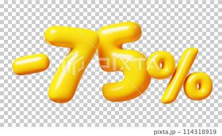 Balloon number minus seventy five percent sign for sale concept. 3d render illustration of yellow plastic glossy discount typography -75. Cartoon bubble element percentage off for special offer promo. Balloon number minus seventy five percent sign for sale concept. 3d render illustration of yellow plastic glossy discount typography -75. Cartoon bubble element percentage off for special offer promo. 114318919