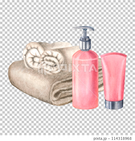 Plastic cosmetic bottle with dispenser airless pump, cosmetic cream tube, rolled up terry towel. Hand drawn watercolor illustration on isolated background. For scrapbooking, labels, blogs, websites. Plastic cosmetic bottle with dispenser airless pump, cosmetic cream tube, rolled up terry towel. Hand drawn watercolor illustration on isolated background. For scrapbooking, labels, blogs, websites. 114318968