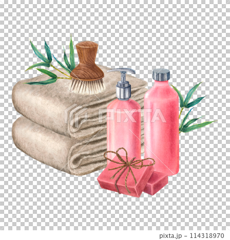 Neatly rolled up terry towel, wooden soft body brush, pink plastic cosmetic bottles for shampoo, natural soap bars, green bamboo branches. Hand drawn watercolor illustration on isolated background. 114318970