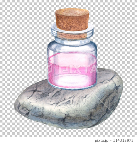 Glass bottle of rose water with wooden stopper over the stone. Hand drawn watercolor illustration of small vial and gray pebble. Flacon for aromatherapy treatment, Spa. For labels, blogs, websites. Glass bottle of rose water with wooden stopper over the stone. Hand drawn watercolor illustration of small vial and gray pebble. Flacon for aromatherapy treatment, Spa. For labels, blogs, websites. 114318973