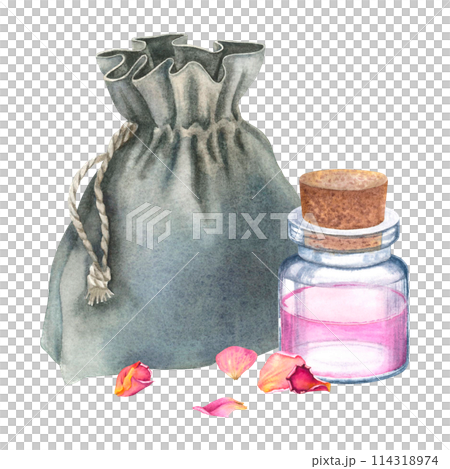 Grey close fabric pouch tied with a rope glass bottle of rose water with wooden stopper and dried petals of a pink rose. Hand drawn watercolor illustration on isolated background. For resorts, spas. Grey close fabric pouch tied with a rope glass bottle of rose water with wooden stopper and dried petals of a pink rose. Hand drawn watercolor illustration on isolated background. For resorts, spas. 114318974