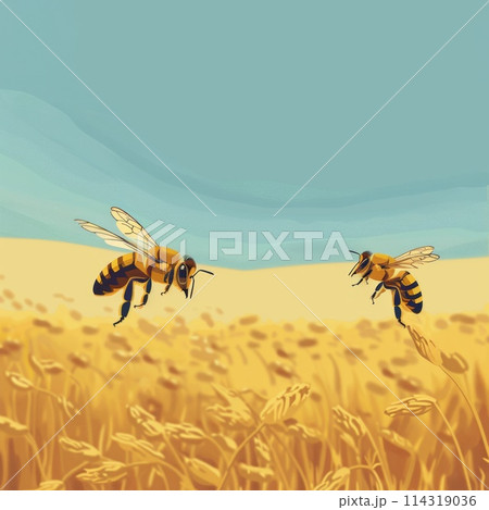 Wheat field with bees cartoon , blue sky, copy space 114319036
