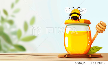 Cartoon cute bee sits on the cap of honey pot on the wooden table with copy space 114319037