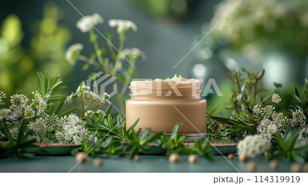Group of Jars With Candles Surrounded by Greenery 114319919