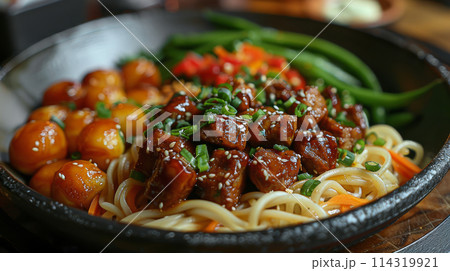 Close Up of a Plate of Food With Broccoli 114319921