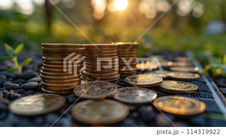 Pile of Coins on Solar Panel 114319922