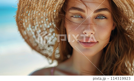 Beautiful Young Woman on Top of Beach 114319923