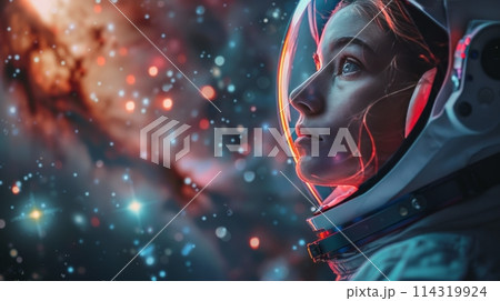 Woman Looking Out a Window at the City 114319924