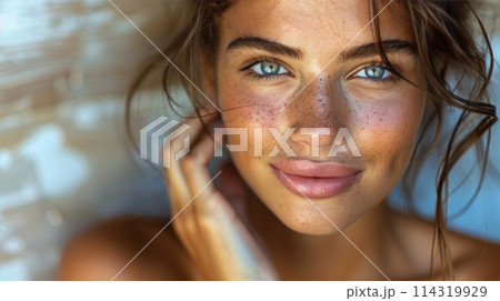 Close Up of a Woman With Freckles on Her Face 114319929