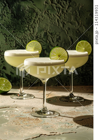 Three Glasses of Limeade With Lime Slices 114319931