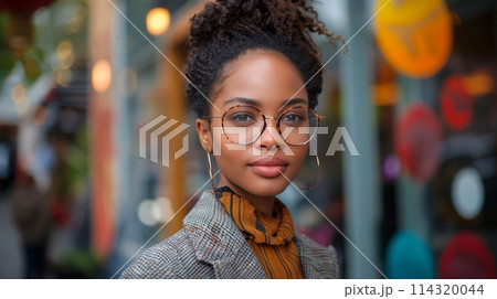 Woman With Large Hoop Earrings Standing in a Restaurant 114320044