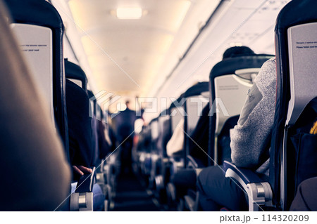 The interior of the plane with passengers sitting on the seats and a man walking down the aisle in the background. Travel concept, selective focus. High quality photo 114320209
