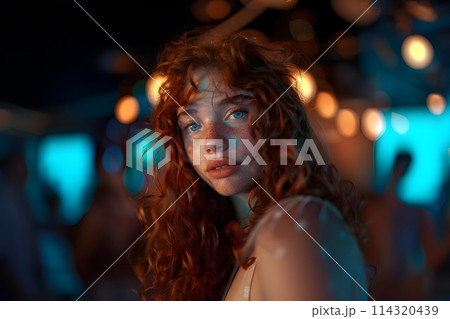 Young Woman with Cute Red Curly Hair Smiling at the Camera in the Gentle Light of the Night Pool 114320439