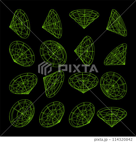 Wireframe lined shapes. Perspective mesh, 3d grid. Low poly geometric elements. Retro futuristic design elements, y2k, vaporwave and synthwave style. Vector illustration Wireframe lined shapes. Perspective mesh, 3d grid. Low poly geometric elements. Retro futuristic design elements, y2k, vaporwave and synthwave style. Vector illustration 114320842