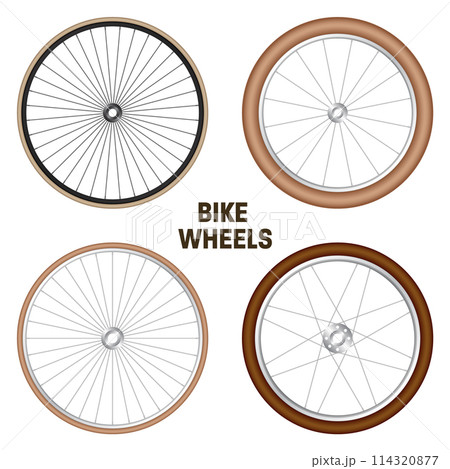 Realistic 3d retro bicycle wheels. Vintage bike rubber tyres, shiny metal spokes and rims. Fitness cycle, touring, sport, road and mountain bike. Vector illustration Realistic 3d retro bicycle wheels. Vintage bike rubber tyres, shiny metal spokes and rims. Fitness cycle, touring, sport, road and mountain bike. Vector illustration 114320877