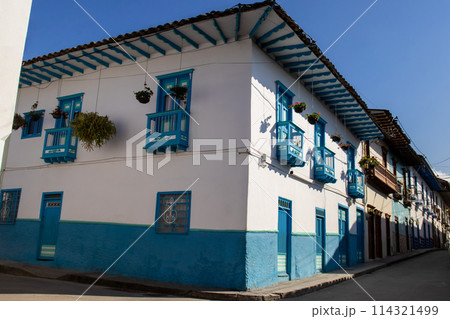 Beautiful streets at the historical downtown of the heritage town of Salamina located at the Caldas department in Colombia. 114321499