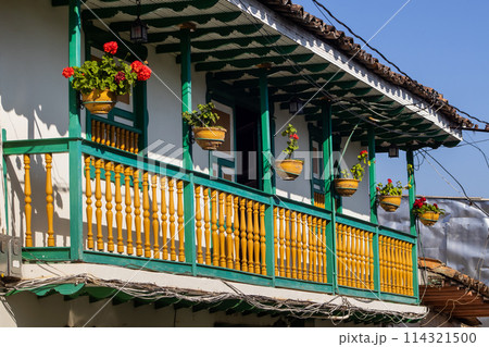 Beautiful streets at the historical downtown of the heritage town of Salamina located at the Caldas department in Colombia. 114321500
