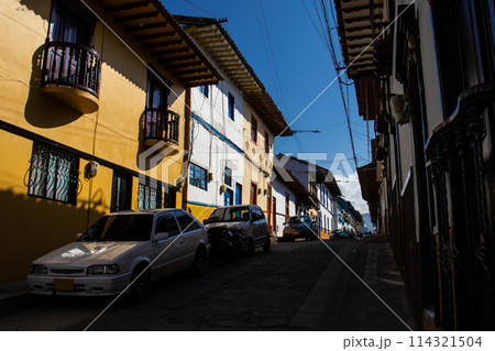 Beautiful streets at the historical downtown of the heritage town of Salamina located at the Caldas department in Colombia. 114321504