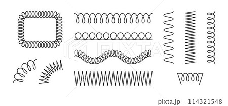 Set of spiral springs. Black metal wire coil collection. Thin spiral frames, zigzag lines, wire waves, flexible coils and arch element pack for graphic design templates, decor. Vector bundle Set of spiral springs. Black metal wire coil collection. Thin spiral frames, zigzag lines, wire waves, flexible coils and arch element pack for graphic design templates, decor. Vector bundle 114321548