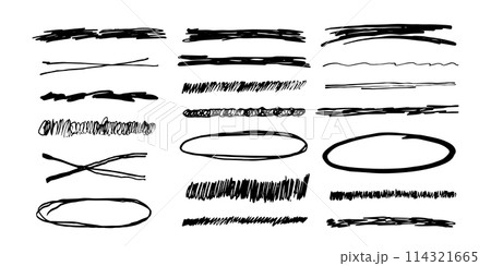 Underlines emphasis set brush stroke, marker lines grunge curve, wavy marks textured simple borders strikethrough isolated on white background. Creative collection scribble brush or crayon checks 114321665