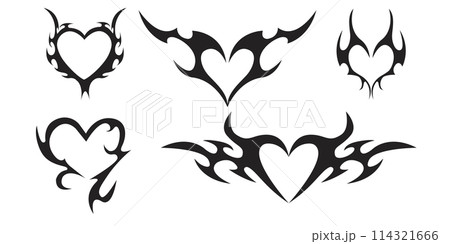 Neo tribal heart y2k aesthetic tattoo gothic cover, fire or wings abstract silhouette isolated on background. Divider, border, cyber body ornament, neotribal web goth decoration Neo tribal heart y2k aesthetic tattoo gothic cover, fire or wings abstract silhouette isolated on background. Divider, border, cyber body ornament, neotribal web goth decoration 114321666