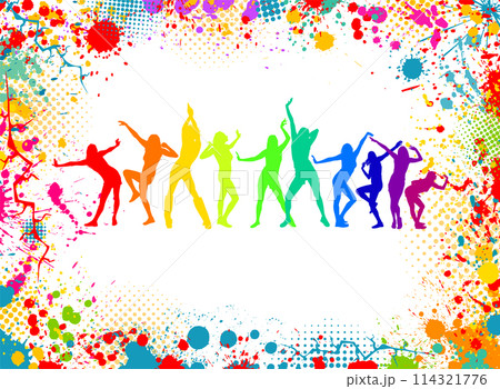 Abstract blots with silhouettes of dancing girls. disco. hand drawing. Not AI. Vector illustration Abstract blots with silhouettes of dancing girls. disco. hand drawing. Not AI. Vector illustration 114321776