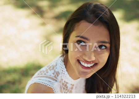 Woman, smile and relaxing in park or garden, satisfaction and joyful on summer holiday. Female person, peace and enjoying vacation in countryside, outdoors and calm on weekend adventure in nature Woman, smile and relaxing in park or garden, satisfaction and joyful on summer holiday. Female person, peace and enjoying vacation in countryside, outdoors and calm on weekend adventure in nature 114322213