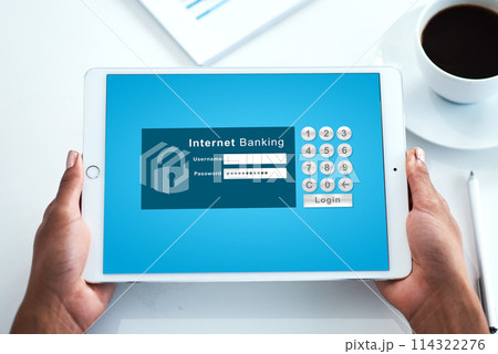 Hand, screen and tablet with internet banking or transaction with online app and login from above. Savings, budget and shopping with digital nomad, fintech and authentication or security and password Hand, screen and tablet with internet banking or transaction with online app and login from above. Savings, budget and shopping with digital nomad, fintech and authentication or security and password 114322276