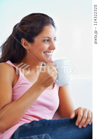 Thinking, coffee break and woman relax house happy, resting or enjoying peaceful moment, day off or me time. Face, smile and female person in a living room with tea, calm or weekend freedom chilling Thinking, coffee break and woman relax house happy, resting or enjoying peaceful moment, day off or me time. Face, smile and female person in a living room with tea, calm or weekend freedom chilling 114322328