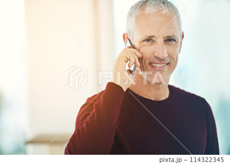 Senior, man and portrait with phone call in home for communication, discussion and mobile chat on mockup. Elderly, person and smile with smartphone for talking, retirement and networking in lounge Senior, man and portrait with phone call in home for communication, discussion and mobile chat on mockup. Elderly, person and smile with smartphone for talking, retirement and networking in lounge 114322345